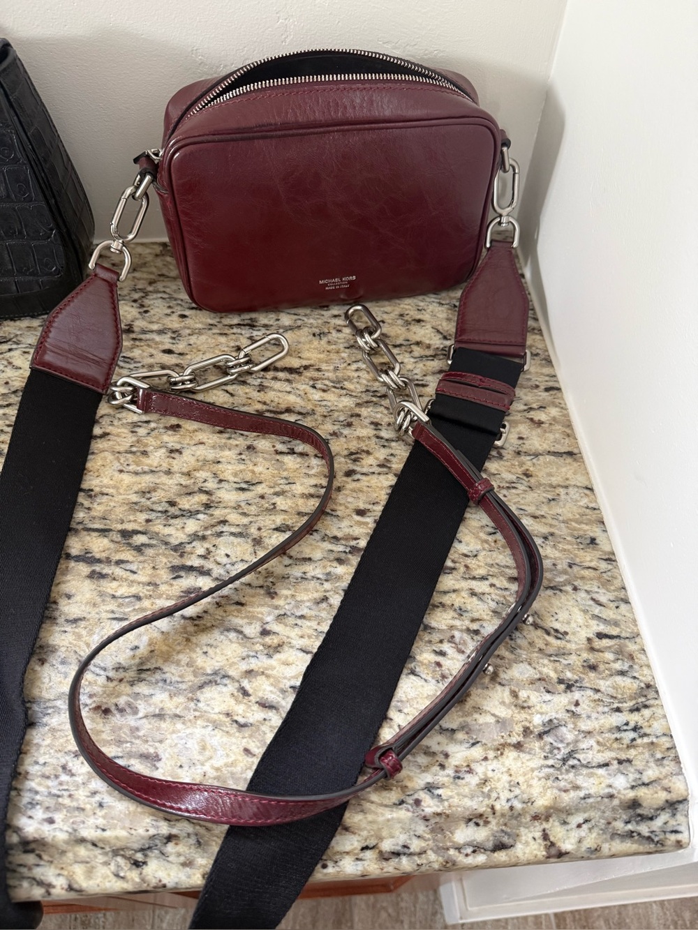 Michael Kors Collection Burgundy Leather Crossbody with Silver MK Emblem - Picture 4 of 4